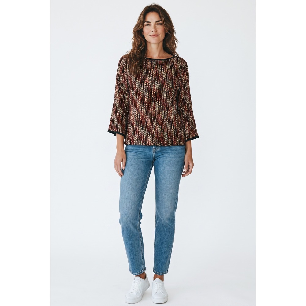 Brittany Black Womens 3/4 Bell Sleeve Boat Neck Abstract Dot Blouse Red Gold M